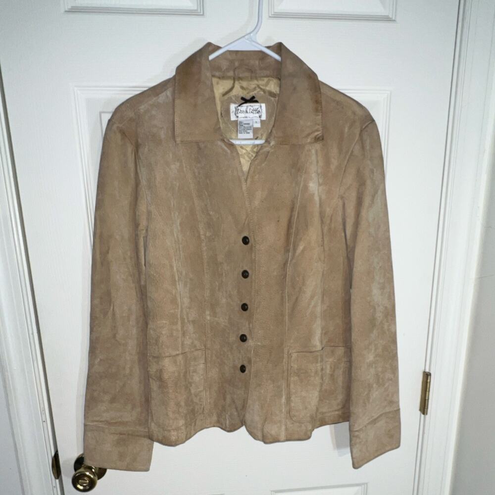 Live a Little Leather Button Front Collared Jacket Beige Lined Women's L w/flaws